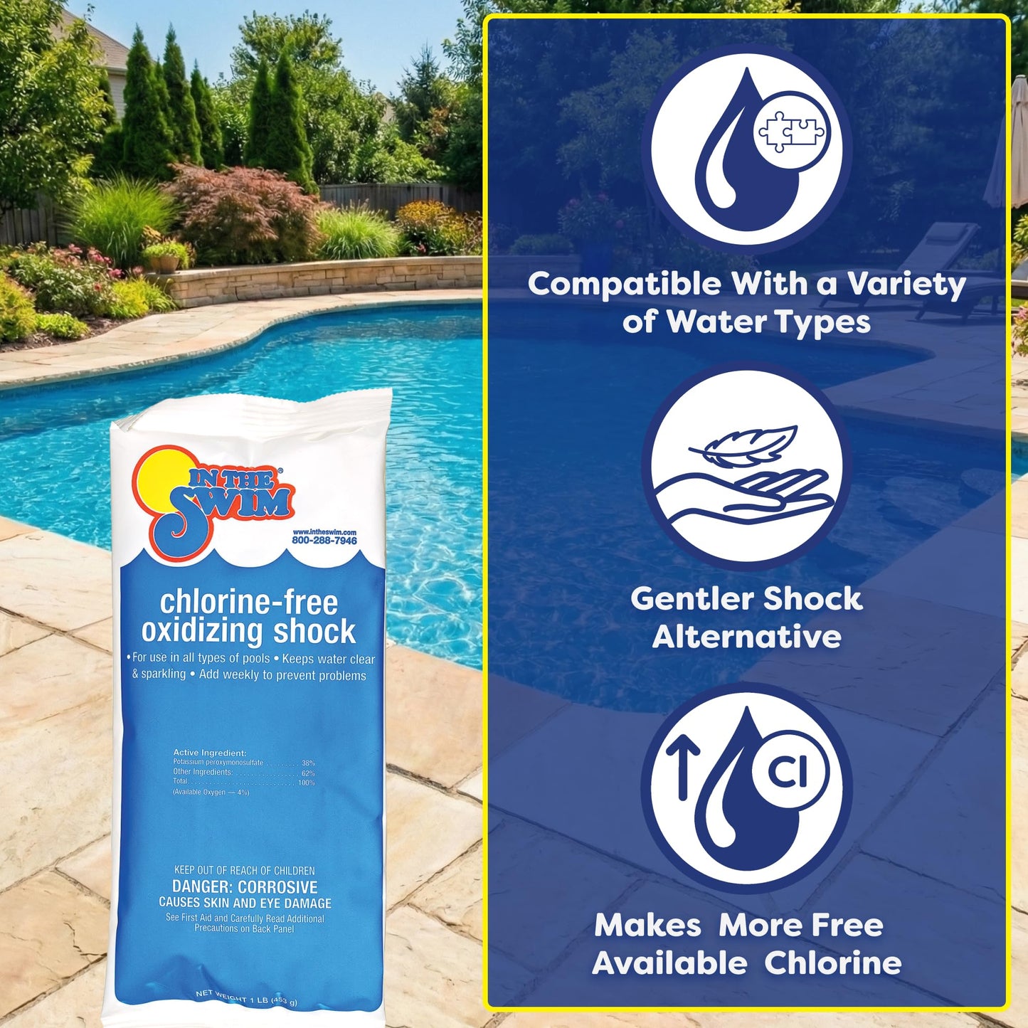 In The Swim Chlorine-Free Pool Shock – Quick Dissolving, Fast-Acting, Shock-Oxidizer for Swimming Pools, Spas, and Salt Chlorinated Pools Compatible - 12 x 1 Pound Bags