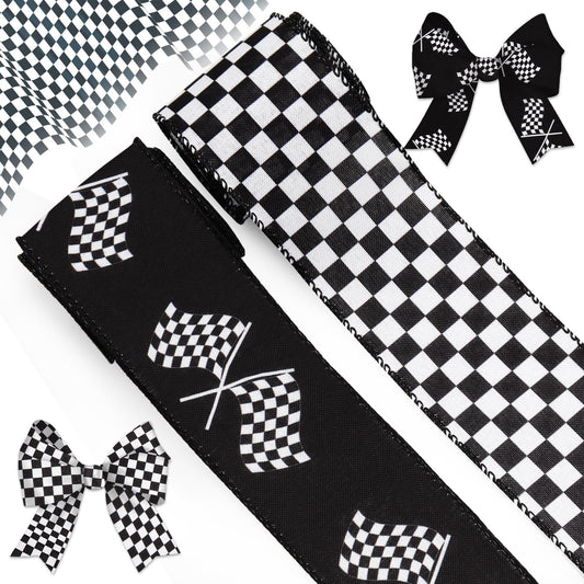2 Rolls Black and White Checkered Flag Ribbon – Racing Flag Wired Ribbon for Wreath Bow Gift Wrapping Crafts Decoration 2.5 Inch × 10 Yards Black White Checkered Ribbons for Race Theme Party Supplies