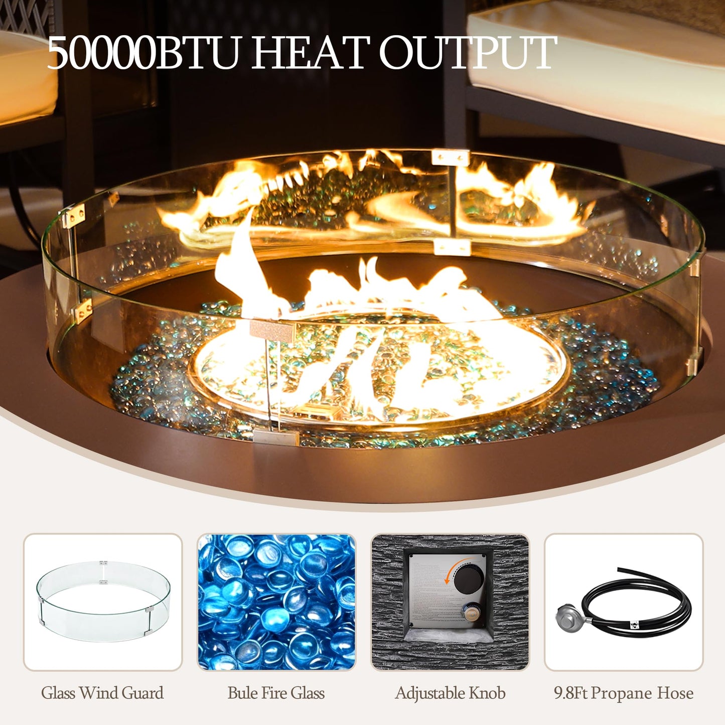 UPHA 42-inch Outdoor Propane Gas Fire Pit Table 50000 BTU Concrete Round FirePit for Outside Patio with Propane Tank Cover, Wind Guard, Blue Glass Rocks, Rain Cover, Grey
