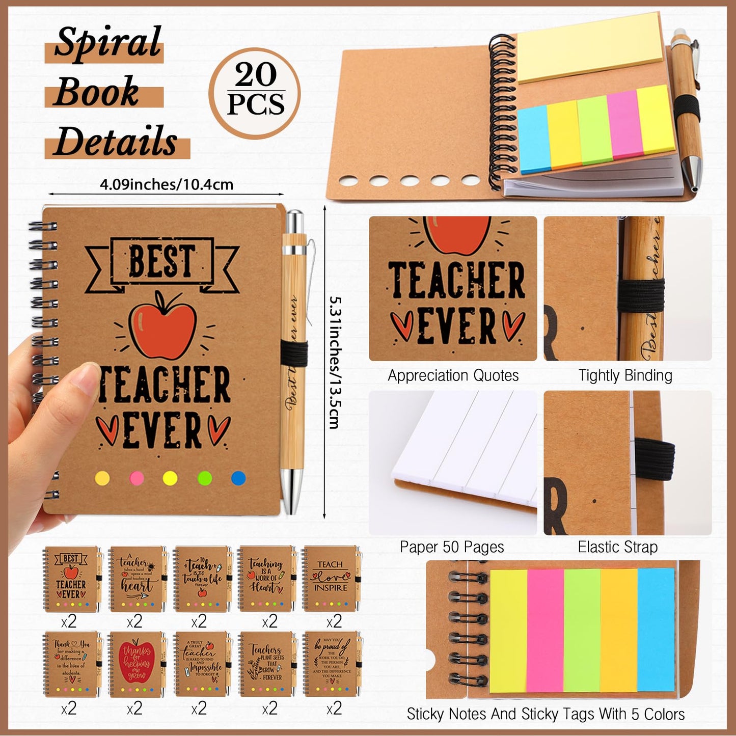 Glenmal 20 Sets Teacher Appreciation Gift for Women Spiral Notebook Thank You End of Year Gift for Teachers from Students Inspirational Journal with Bamboo Pens for Office Employee Supplies