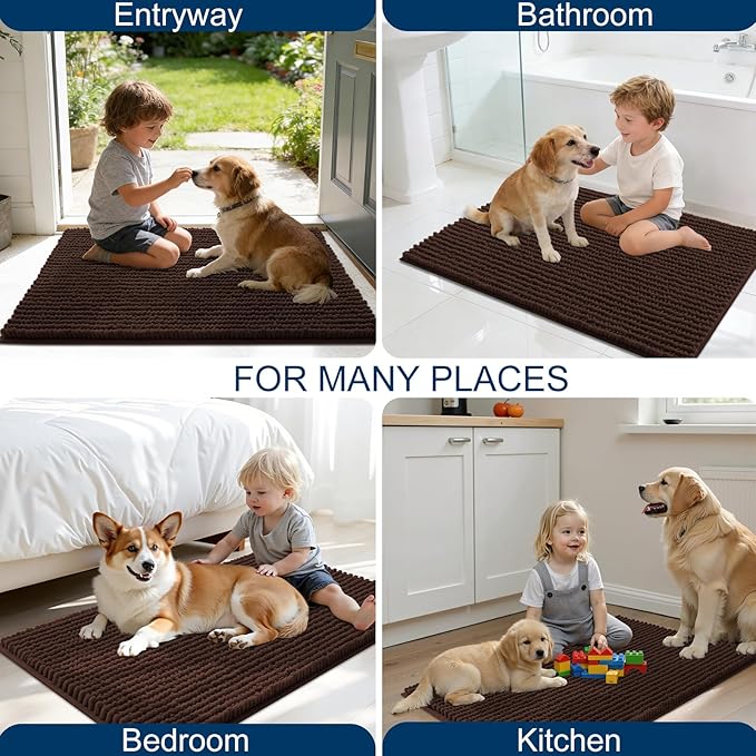 OLANLY Dog Door Mat for Muddy Paws 59x24, Ultra Absorbent Chenille Mud Doormat, Non-Slip Washable and Dirt Trapping Doormat for Indoor Entryway, Quick-Dry Indoor Pet Bed Mats for Dogs, Brown