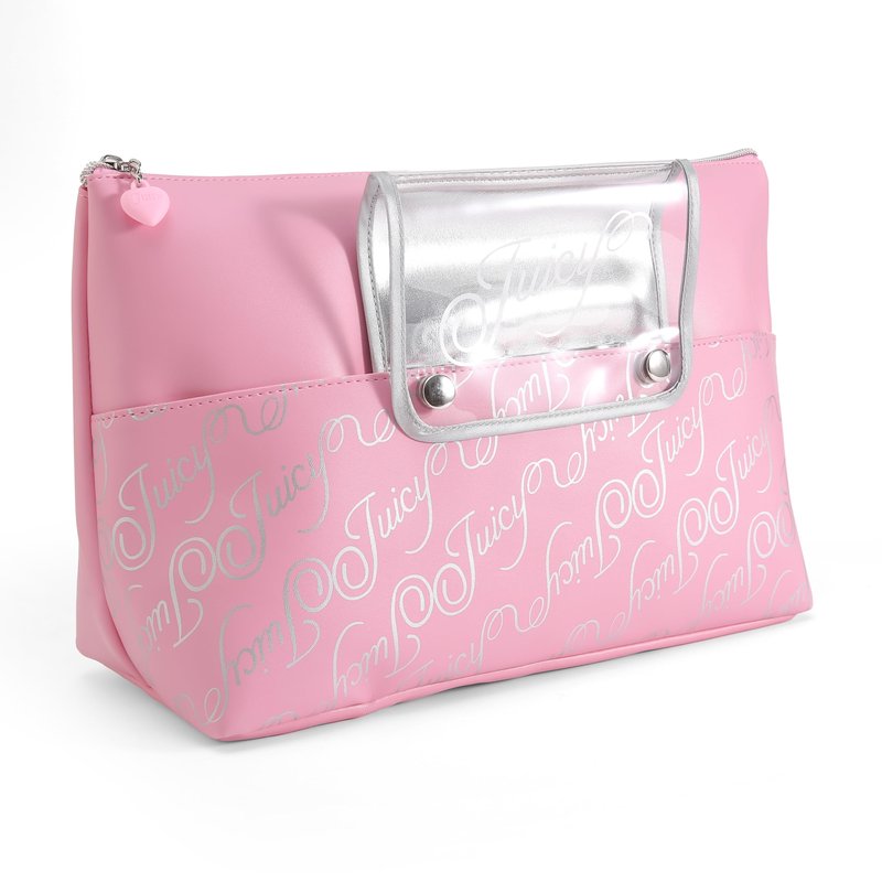 Juicy Couture Pink Makeup Bag Cosmetics Organizer Travel Essentials Removable Brush Holder Retro Style Faux Leather