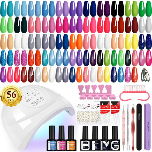 phoenixy Gel Nail Polish Kit with U V Light 48W, 56 Pcs 108 Effects Gel Nail Polish Kit Base Matte Glitter Top Coat Manicure Nail Set Gifts for Women