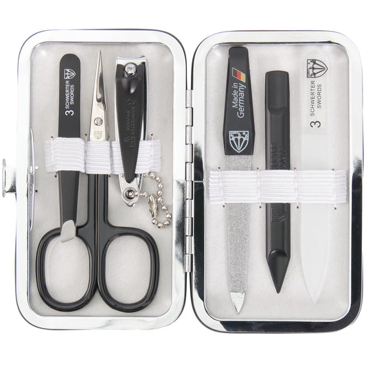 3 Swords Germany - Brand Quality 6 piece Manicure Pedicure Grooming kit Set - Scissors, Metal and Glass Nail File, Clipper, Tweezers with Synthetic Leather case - White/Black Tools