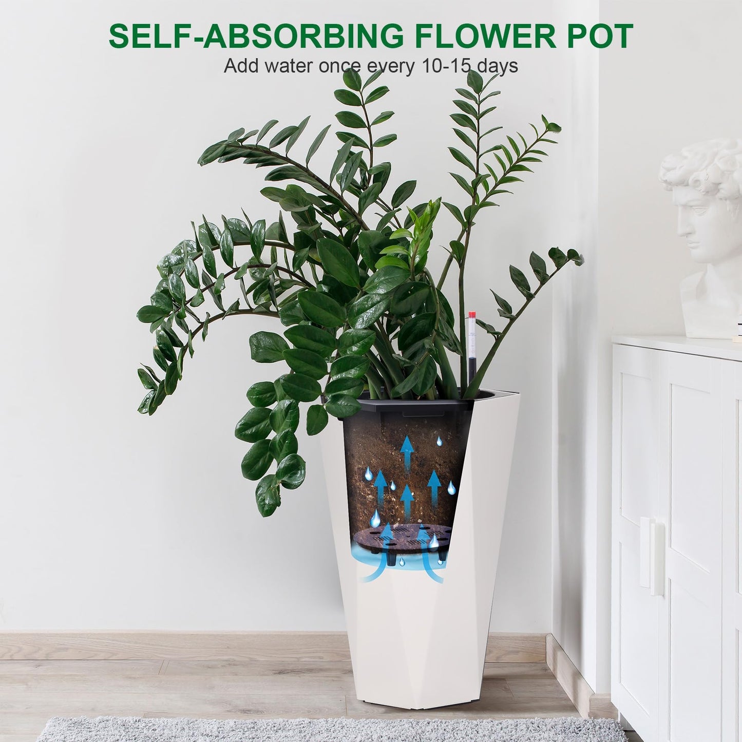 LuyFuitre Set of 2 Tall Planters for Outdoor Plants, 22.5 Inch Tall Planter Pots with Water Level Monitor, Wheels & Inner Bucket for Indoor Outdoor, White