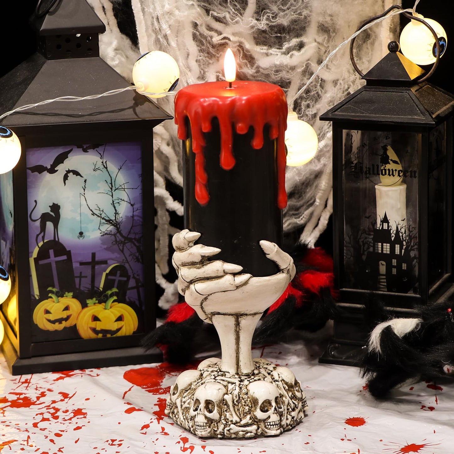 DRomance Black Flameless Flickering Candles with Timer, Blood Dripping Wax Effect Battery Operated LED Pillar Candle with Skeleton Hand Candle Holder Halloween Table Centerpiece Decor(4" x 11"")"