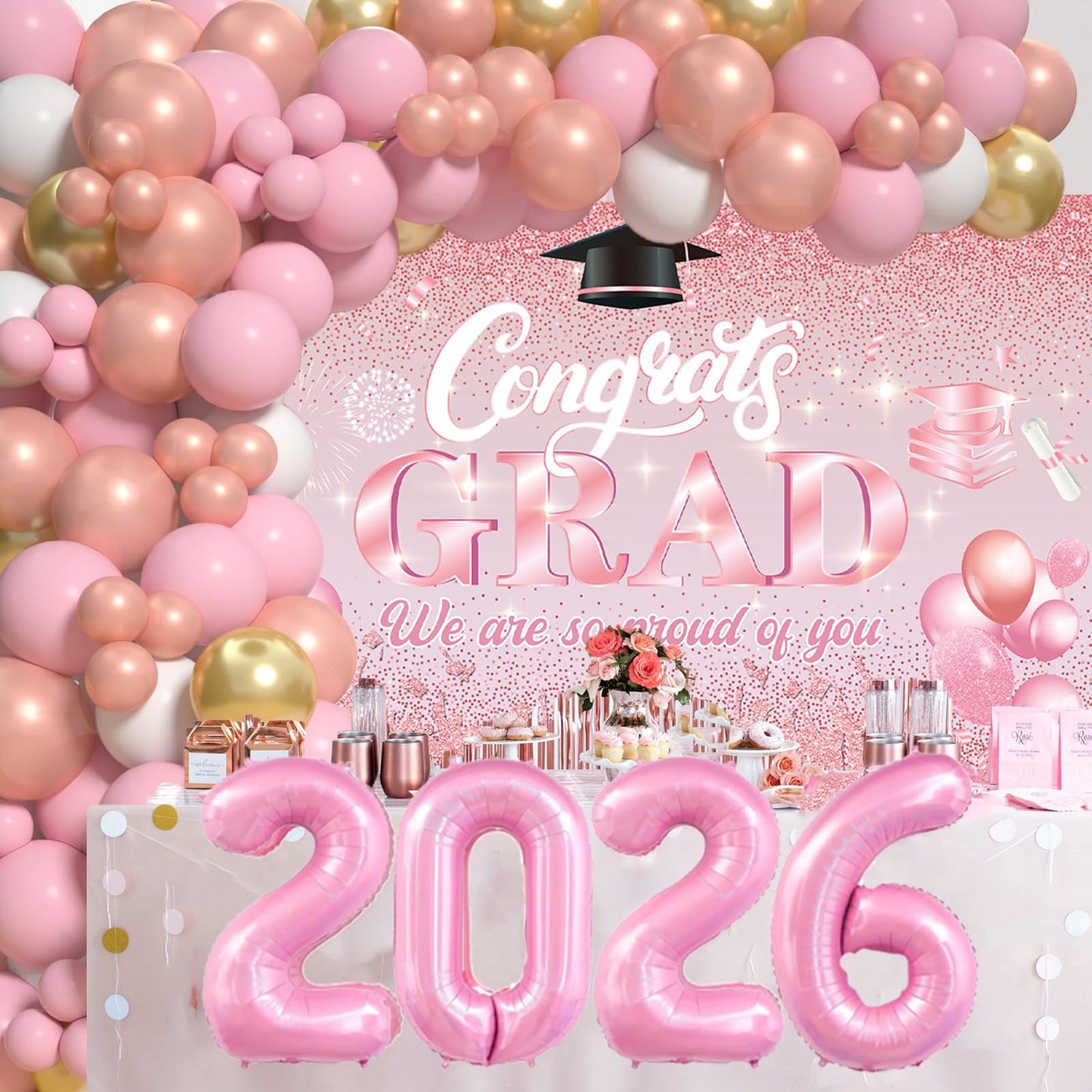 Pink Graduation Decorations Class Of 2026 - Graduation Balloon Arch Kit With Pink Rose Gold Balloons, Grad Backdrop, 2026 Foil Balloons For Girls High College School Decor
