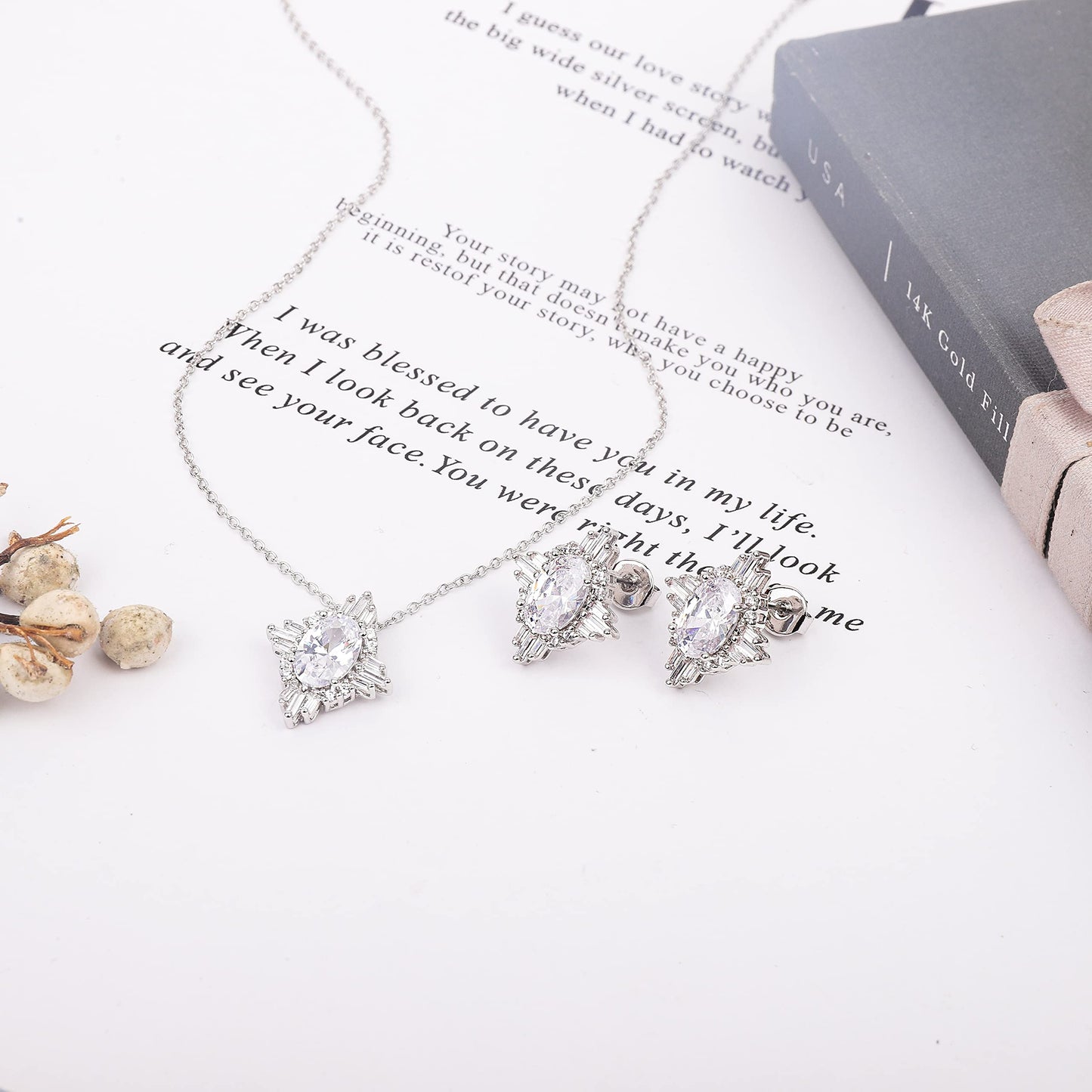 HOPE LOVE SHINE Simple Bridal Jewelry Set For Wedding Silver Bridal Party Bridesmaids Necklace And Earrings Set Vintage Inspired Single Baguette Cut Diamond Crystal Drop