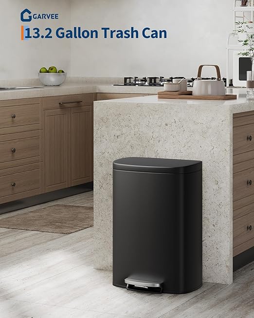 Garvee 13 gal (50 L) and 2.6 gal (10 L) Metal Trash Can Combo Set, Rustproof Garbage Can with Lid, Step-on Trash Bin with Inner Bucket, Rear Handle, Black