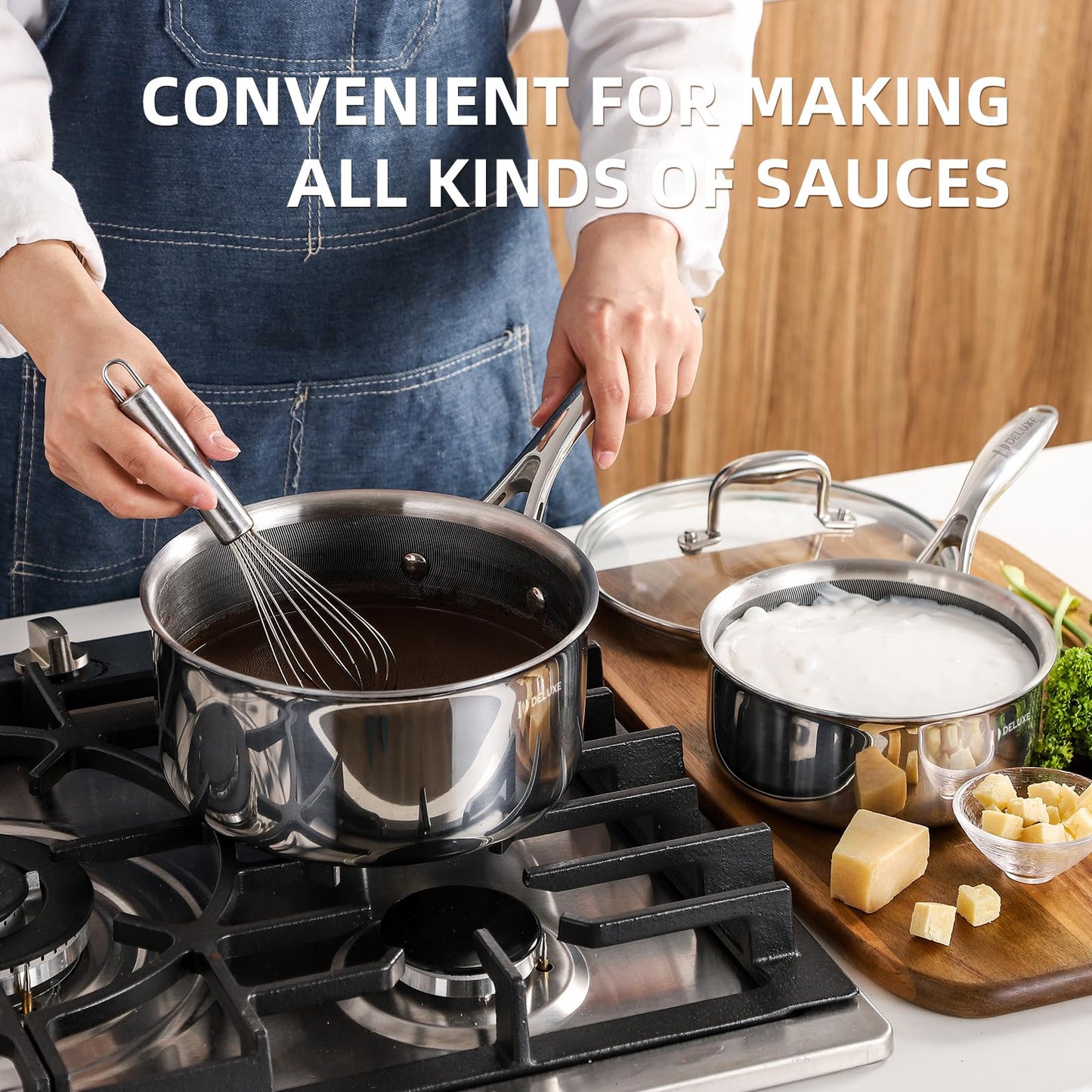 Deluxe 13 Piece Hybrid Ceramic Nonstick Stainless Steel Cookware Set-5 Piece Frying Pan Set, 6 PC Pot Set, 3.7QT Deep Sauté Pan&Lid, Induction Ready, Stay Cool, PFOA Free Compatible with All Cooktops