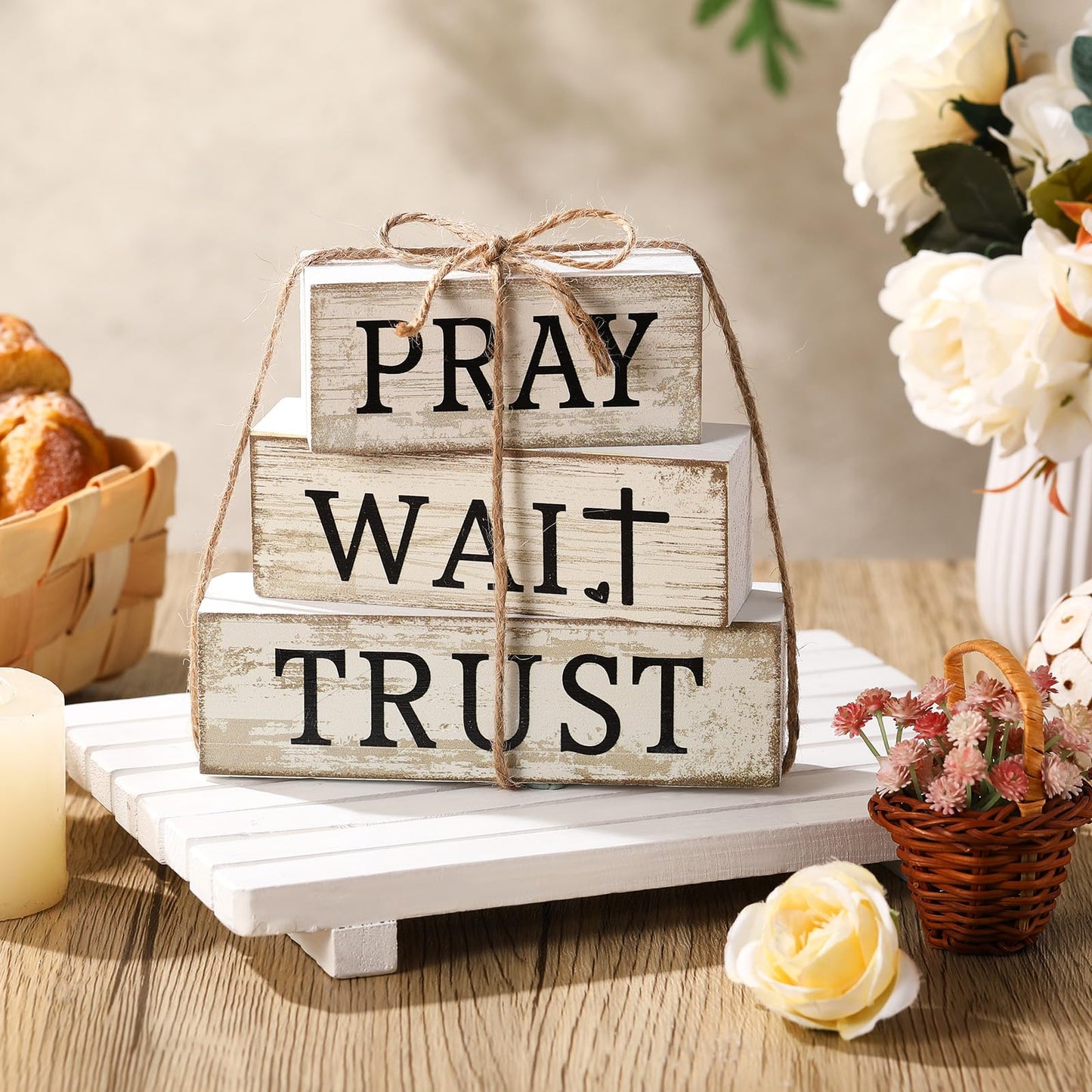 CroBlissful 4 Pcs Farmhouse Table Decor Christian Religious Gifts Bible Verse Decorative Sign Mother's Day Inspirational Pray Wait Trust Gifts Table Centerpiece for Home Kitchen Shelf Mantle
