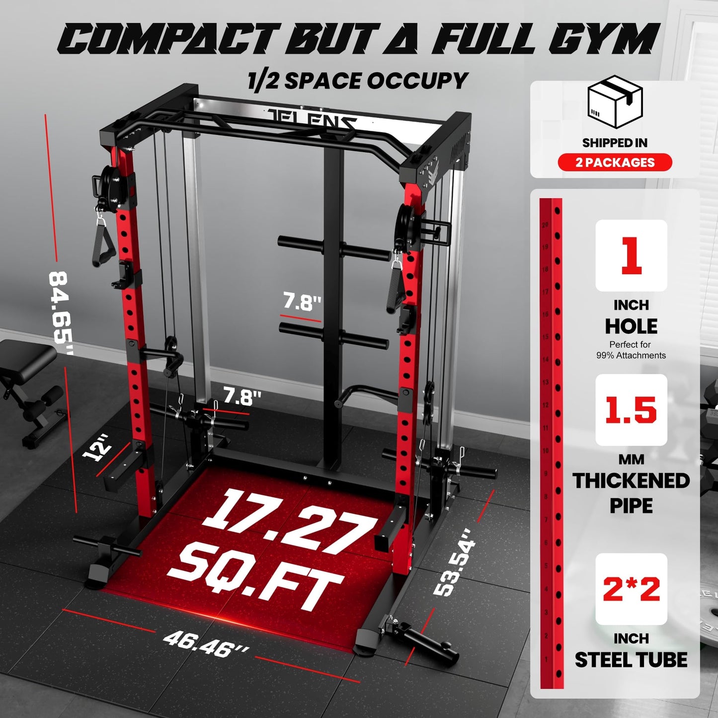 JELENS C21 Power Cage, 2000LBS Multi-Function Power Rack with Independent Dual Pulley System, All-in-One Squat Rack for Cable Crossover, Home Gym Workout Machine (Red, 370LBS Black)