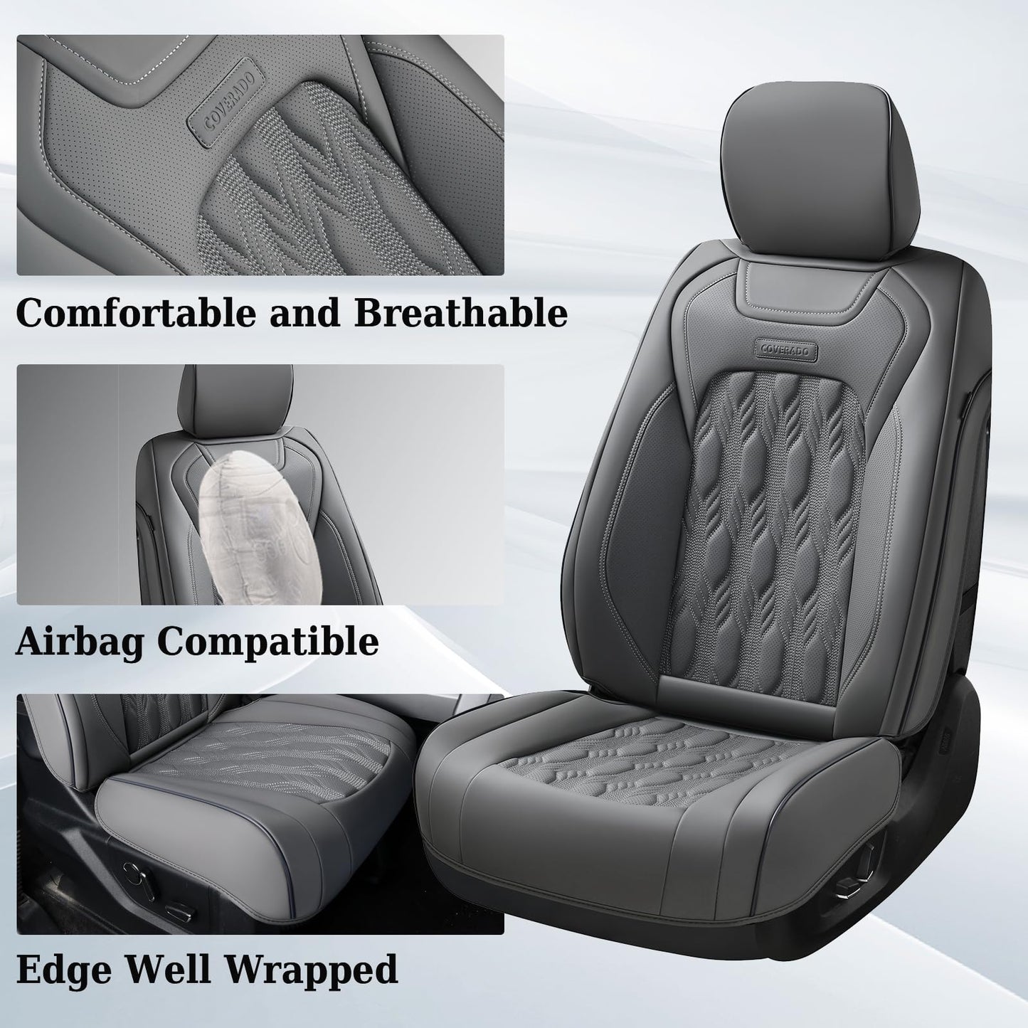 Coverado Car Seat Covers Full Set, Leather Ford F150 Seat Covers Fit for 2015-2025 F150 and 2017-2025 F250 F350 F450 Super Duty Crew Cab XL XLT Lariat King Ranch Platinum (Gray)