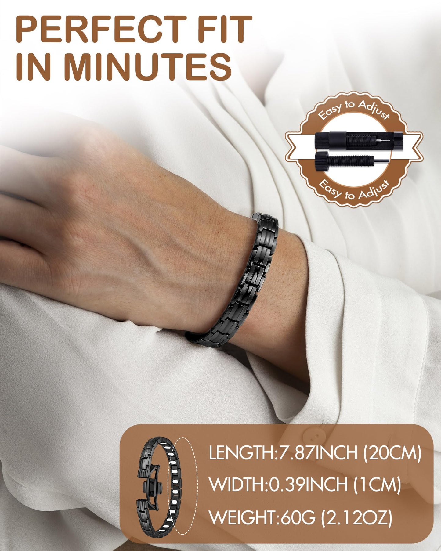 Feraco 5X Strength Magnetic Bracelets for Women, Stainless Steel Magnet Bracelet with Ultra Powerful 5000 Gauss Magnets, Upgraded Butterfly Clasp, Adjustable Jewelry Gift (Black)