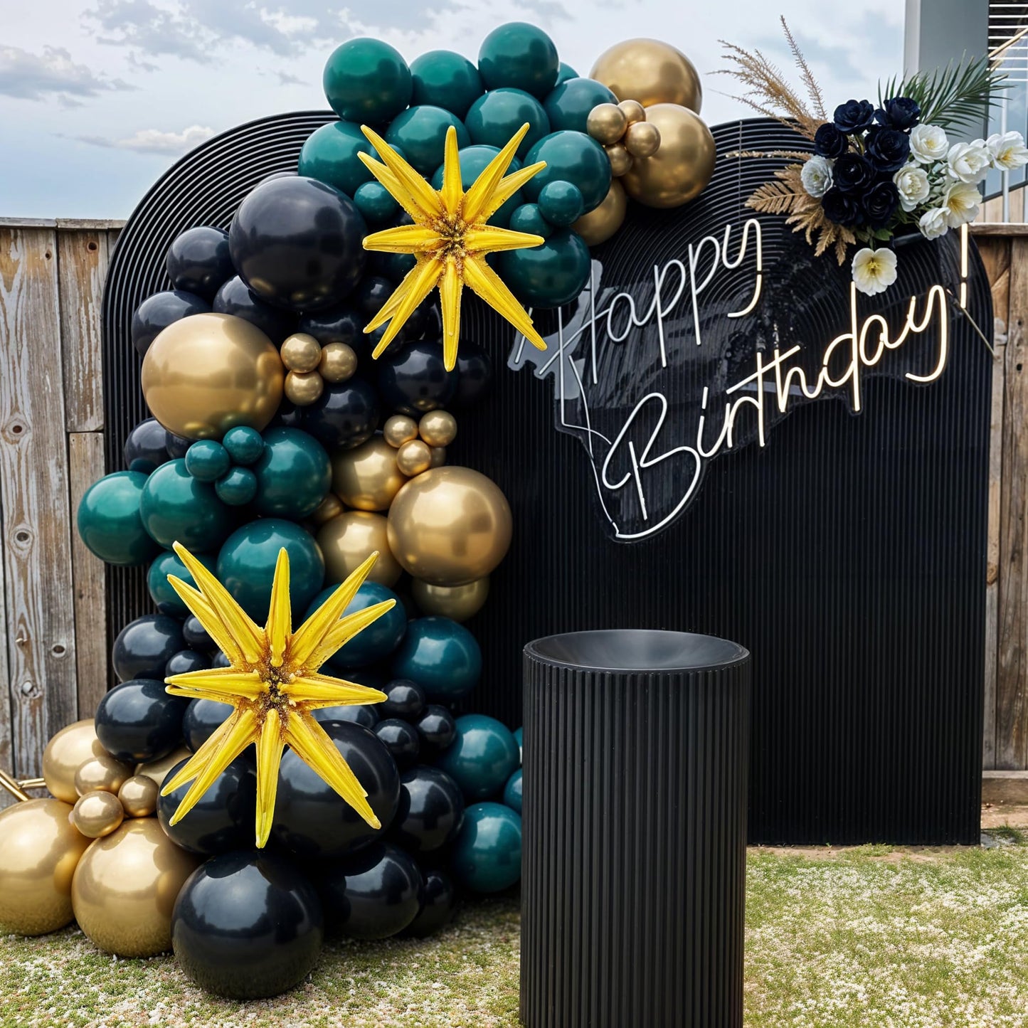 Dark Green and Black Balloon Arch Kit with Explosion Star Balloons, 123pcs Emerald Green and Confetti Gold Balloon Garland for Birthday Anniversary Bachelorette Grad Father's Day Party Decorations