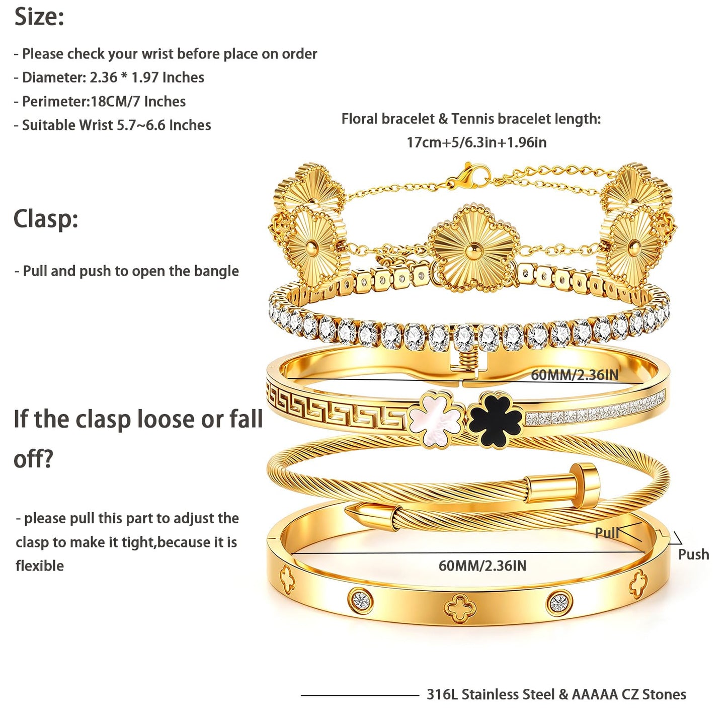 Camhanno 5pcs Gold Stackable Bracelet Set for Women - Stainless Steel Non-Tarnish Clover Lucky Charm Bangle Jewelry, Trendy Gift for Girlfriend/Wife on Christmas Valentine's Birthday