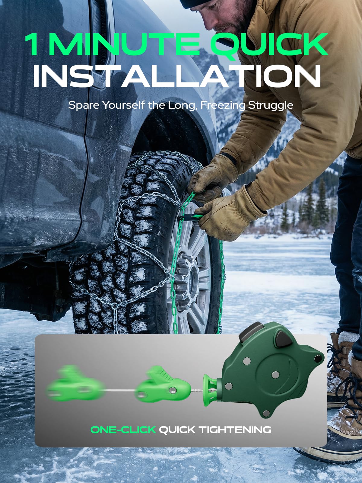 YHTAUTO Set of 2 Snow Chains 16mm for Pickup Truck SUV Passenger Car Universal Fit Tire Chains Auto-Tightening Quick Installation, Anti-slip Traction in Snow, Mud, Sand | SWC0006