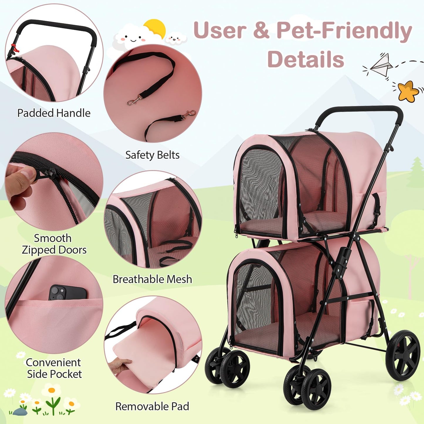 Giantex Double Pet Stroller with 2 Detachable Carrier Bags, Safety Belt, 4 Lockable Wheels, Folding Cat & Dog Stroller for Small Medium Pets, Cats Dogs Puppy Travel Strolling Cart (Pink)