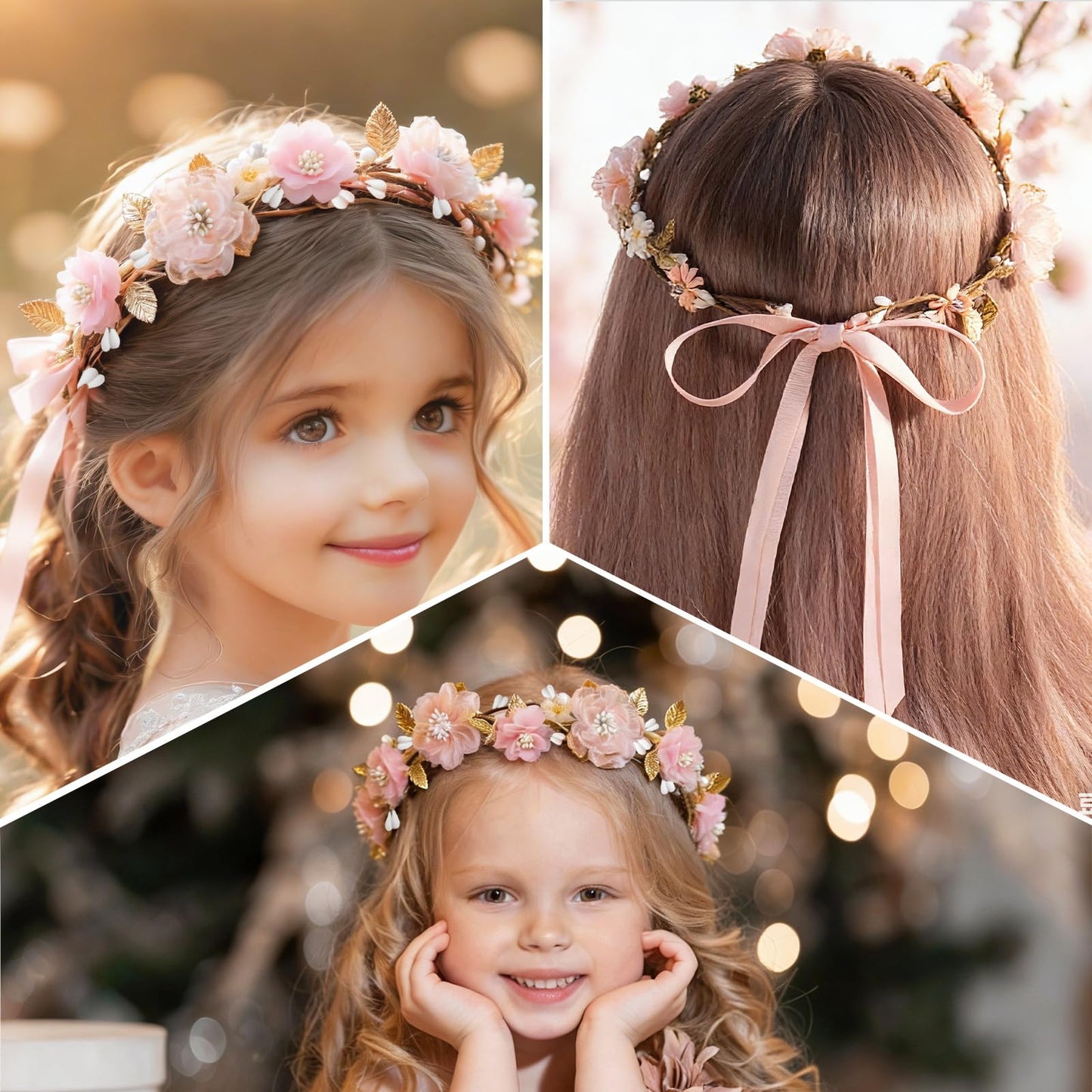 MEMOVAN Pink Flower Crown Headband Rose Floral Headpiece Adjustable with Gold Leaf Bohemian Fairy Flower Renaissance Hair Wreath Accessory for Girls Women Birthday Wedding Party Photo Props