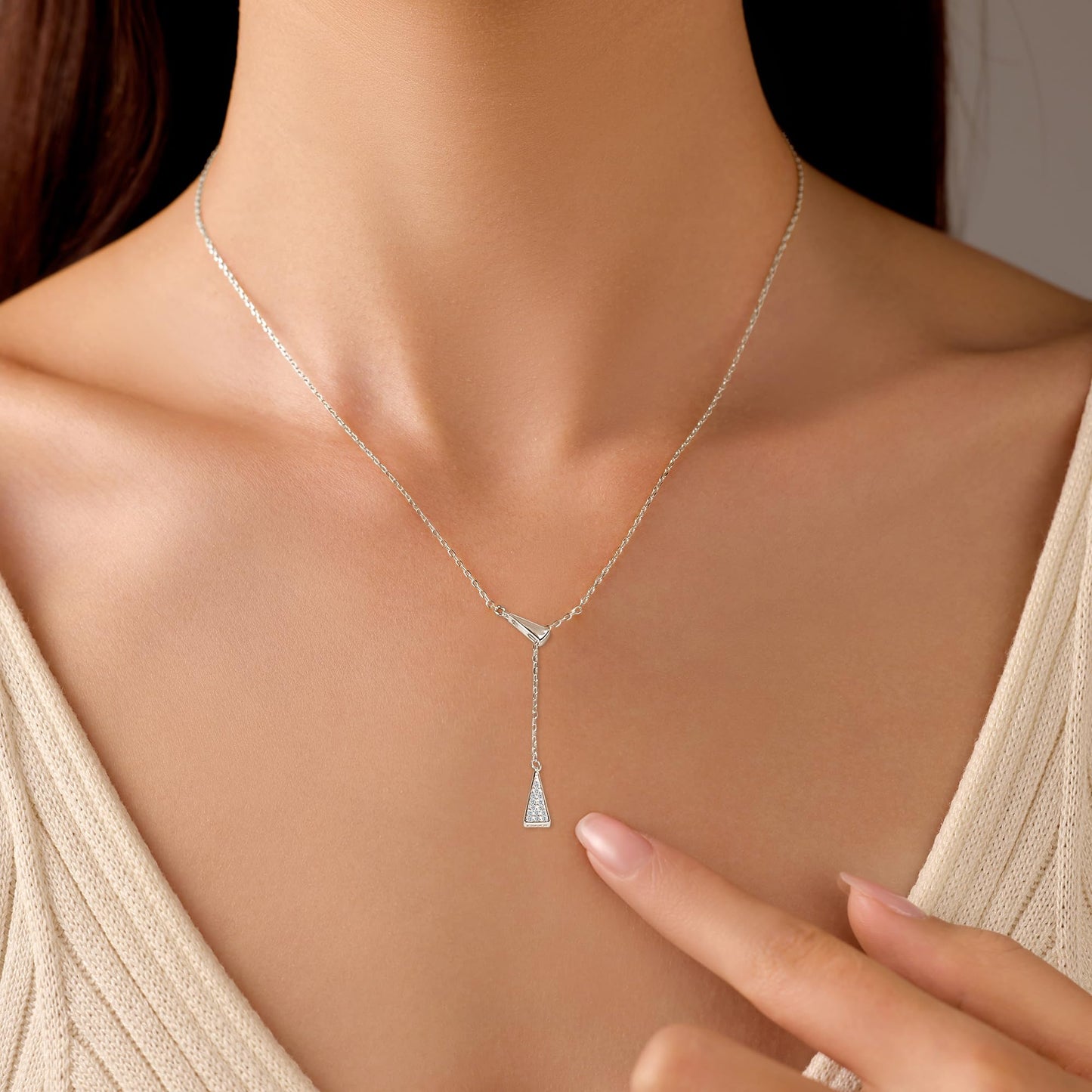 UTISUVIKO Triangle Necklace for Women, 925 Sterling Silver Dainty Geometric Shapes Necklace Triangle Cubic Zirconia Pendant Y shaped Drop Necklace Aesthetic Simple Mother's Day for Her