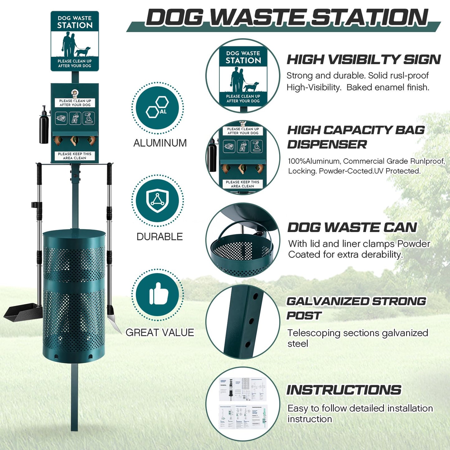 Qinyoung Dog Waste Station Outdoor Dog Poop Trash Can with Poop Bag Dispenser Shovel Dustpan Hand Sanitizer Bottle Rust Proof Bin Pet Waste Disposal System for Business Parks Backyards Trails