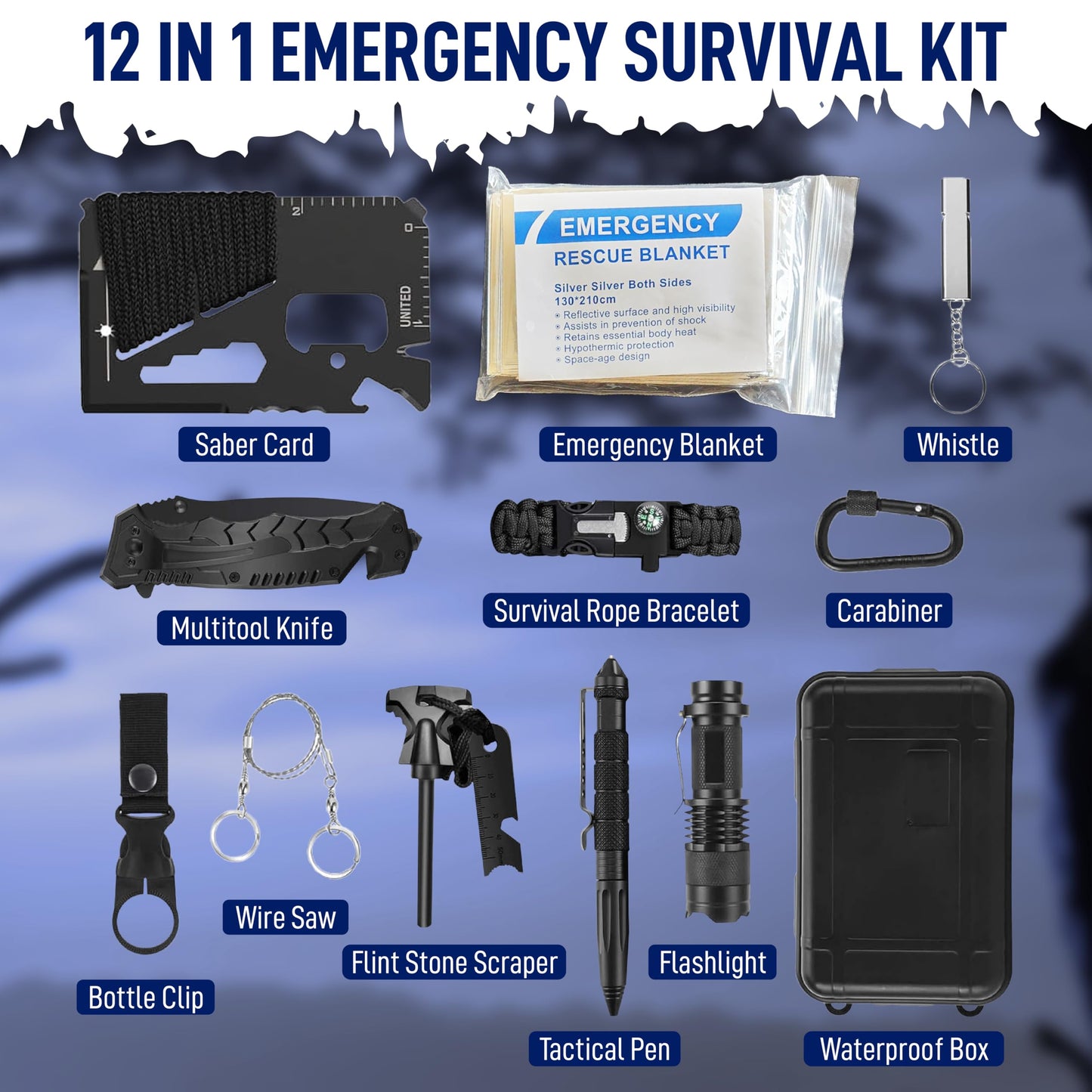 Emergency Survival Gear Kit 12-in-1 – Outdoor Adventure Equipment with LED Tactical Flashlight, Fire Starter Glass Breaker Pen – Camping Hiking Hunting Accessories – Survival Gifts for Men Dad Husband