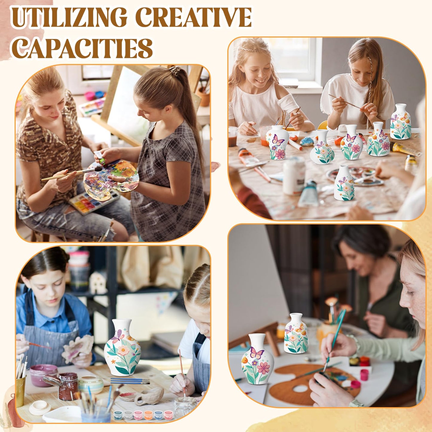 Fuyoooo 6 Sets Father's Day Paint Your Own Vases Ceramic Vase to Paint Unpainted White Vases Ceramic Painting Kit for Adult with Brush Underglaze Paints Palettes for Porcelain Vase Decorating Kit DIY
