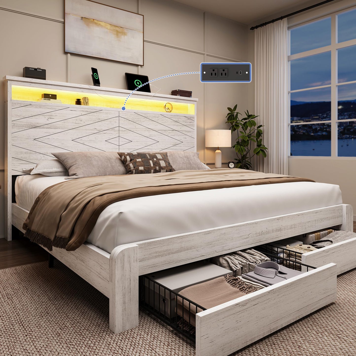 BRELTAM King Size Bed Frame with 2 Storage Drawers and Headboard Wooden Platform Bed Frame with LED Lights and Charging Station Easy Assembly/No Box Spring Needed/White