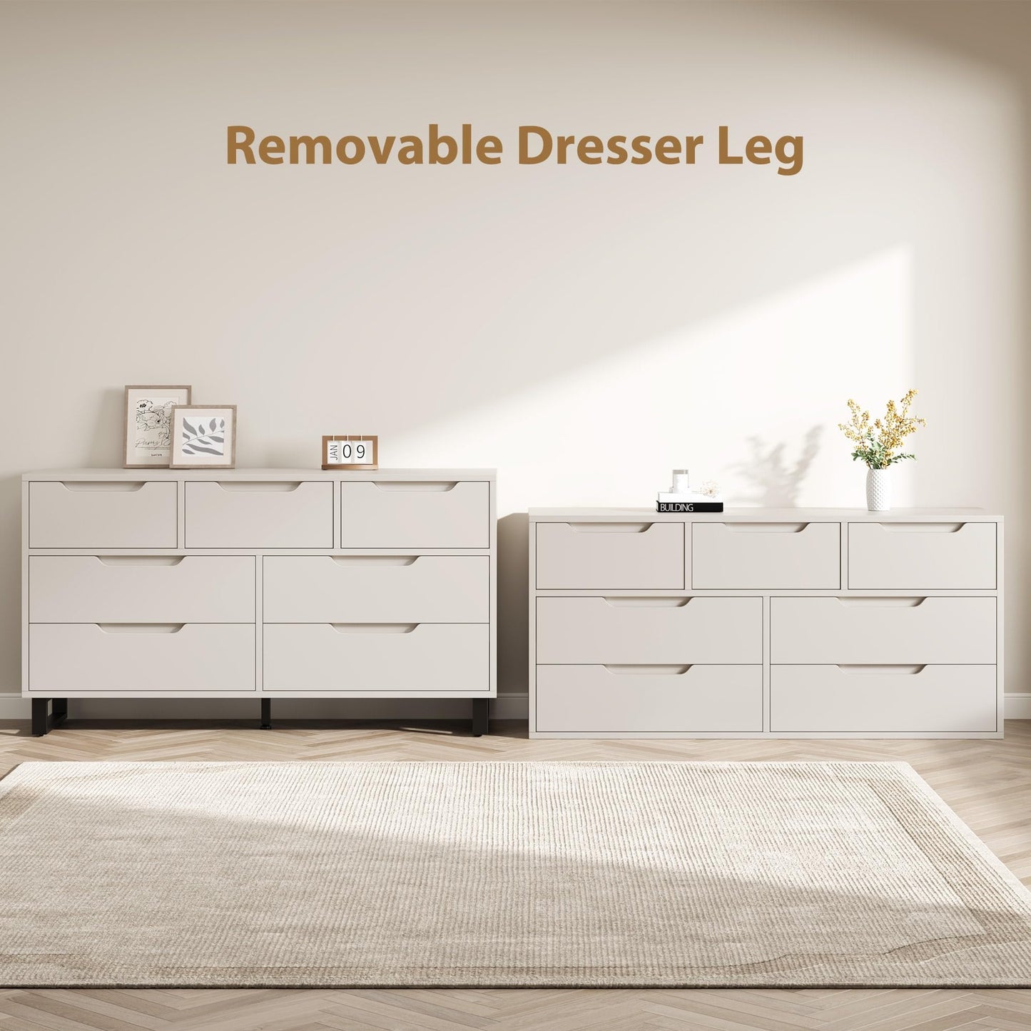 GarveeHome 7 Dresser for Bedroom, 55" Wide Dresser, Freestanding Horizontal Drawer with Storage, Wooden Closet Chest Storage for Living Room, Hallway, Entryway, White