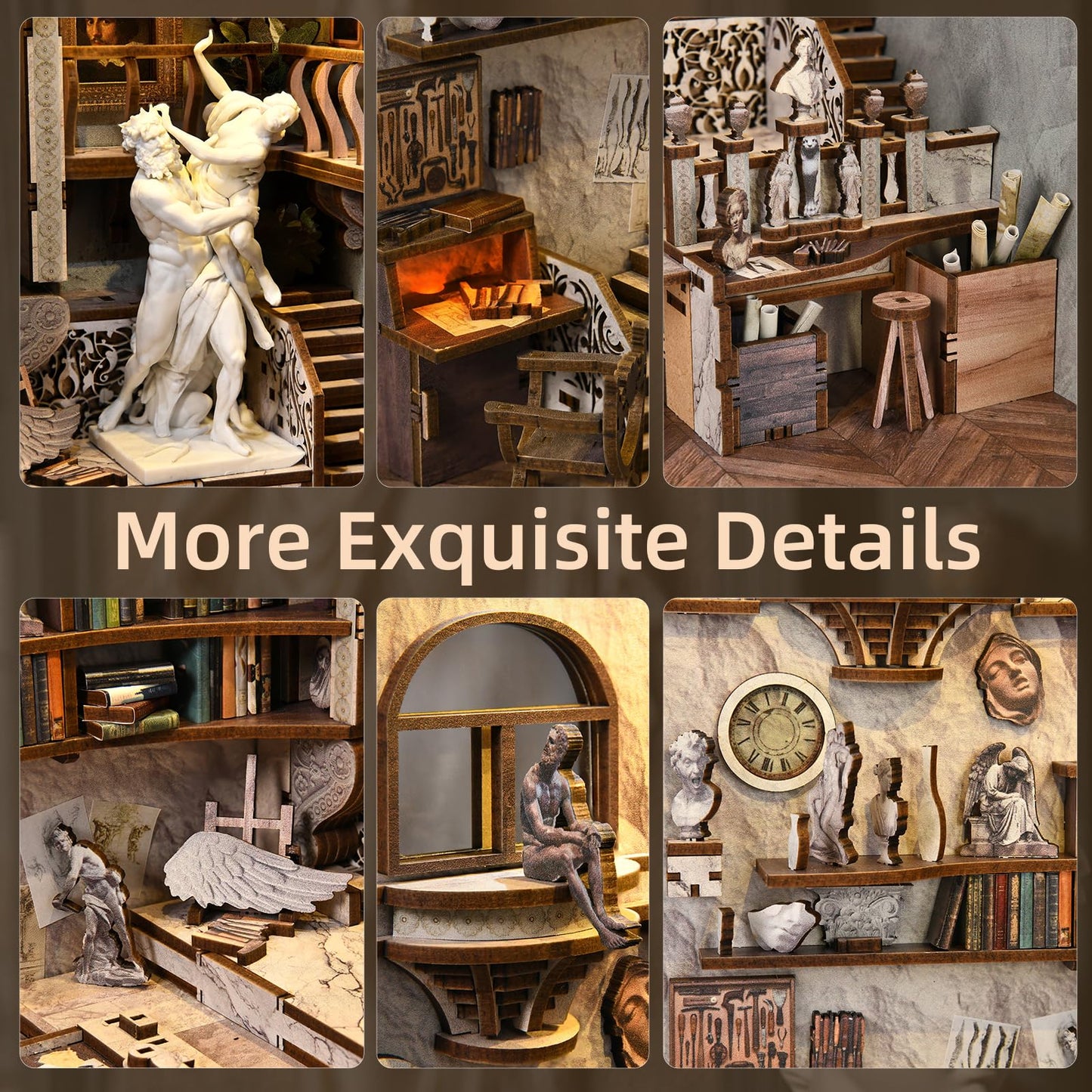 CCCDF DIY Book Nook Library Kit, Miniature Dollhouse Booknook Kit, 3D Wooden Puzzle Bookend Bookshelf with LED Light for Teens and Adults (Bernini's Sculpture Workshop)