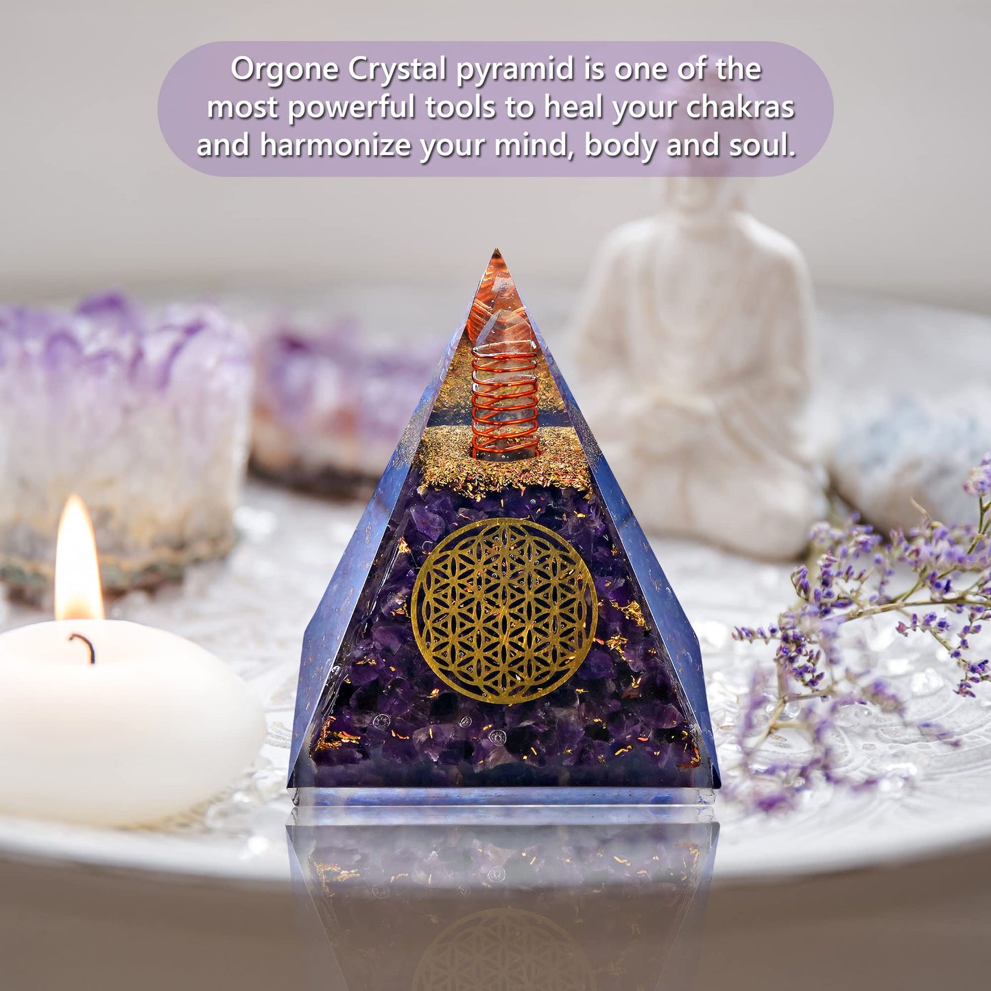 Anaya Agate Orgone Pyramid – Handmade Amethyst Crystal Pyramid – Orgonite Pyramids with Amethyst Crystal Stone, Flower of Life – Crystals and Healing Stones for Spiritual Wisdom and Awakening