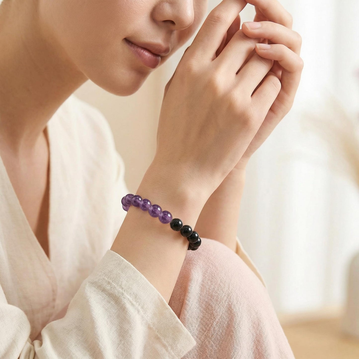 Bivei Anxiety Relief Bracelet, Strength Crystal Healing Bracelet 8MM with Amethyst & Rose Quartz & Black Tourmaline - Spiritual Stretch Beaded Jewelry for Women Men Gift
