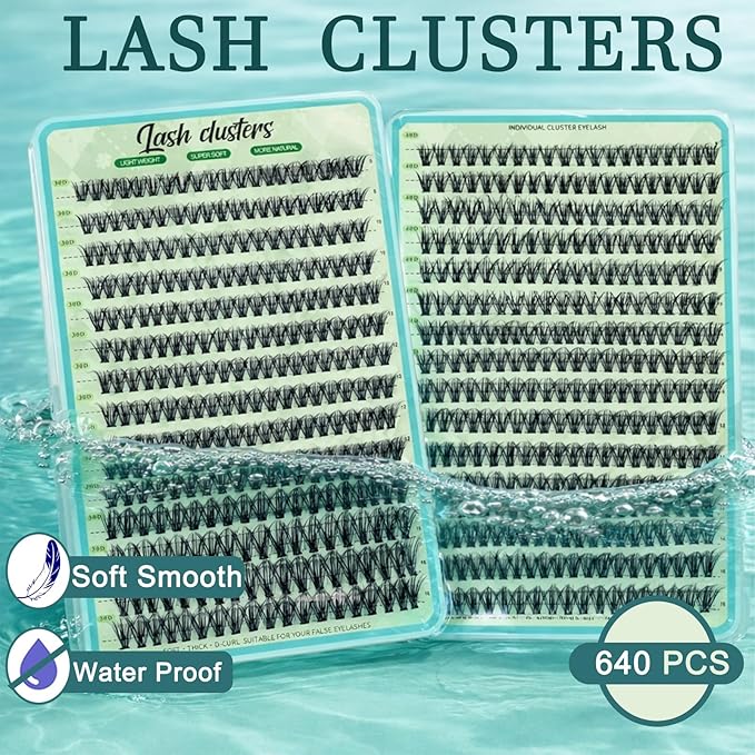 Wispy Lash Clusters 640pcs Eyelash Cluster Extensions 30D+40D+50D+60D Curl Individual False Eyelashes 9-16mm Natural Fluffy Mink Lash Clusters Extension Kit