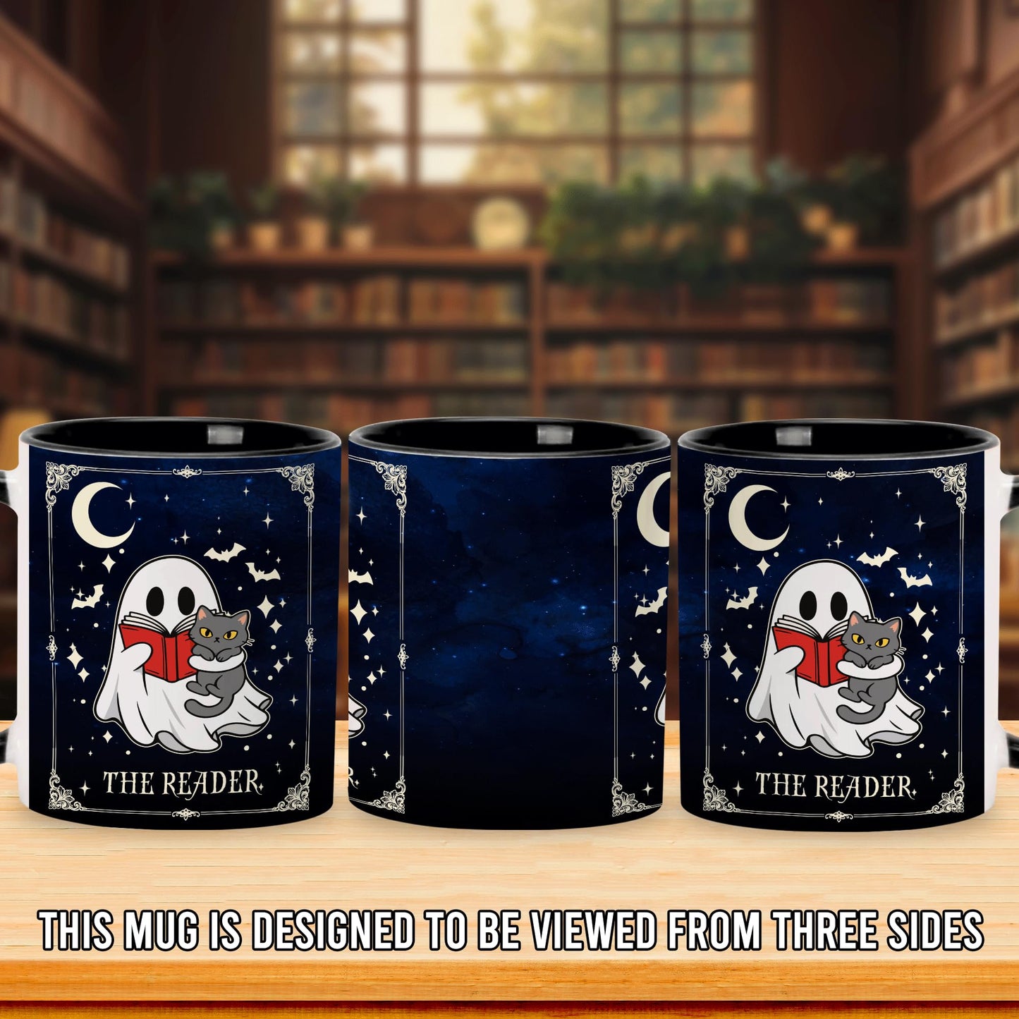 Hyturtle Cute Ghost Reading Coffee Mug with Spoon Gifts on Halloween Birthday, Funny Ghost with Cat Tarot Gifts, Book Lover Presents, Bookish Decor for Readers, Book Club Gift 11oz Ceramic Tea Cup