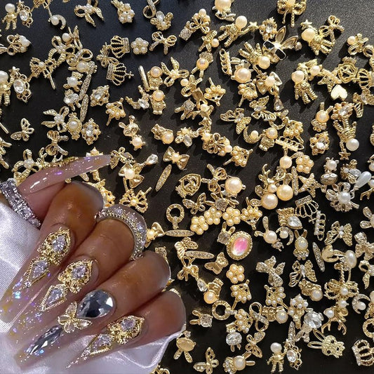 50pcs Gold 3D Alloy Flowers Bows Butterfly Star Crown Heart Charms for Nail Art Design - Mixed Gems Rhinestones Jewels Supplies