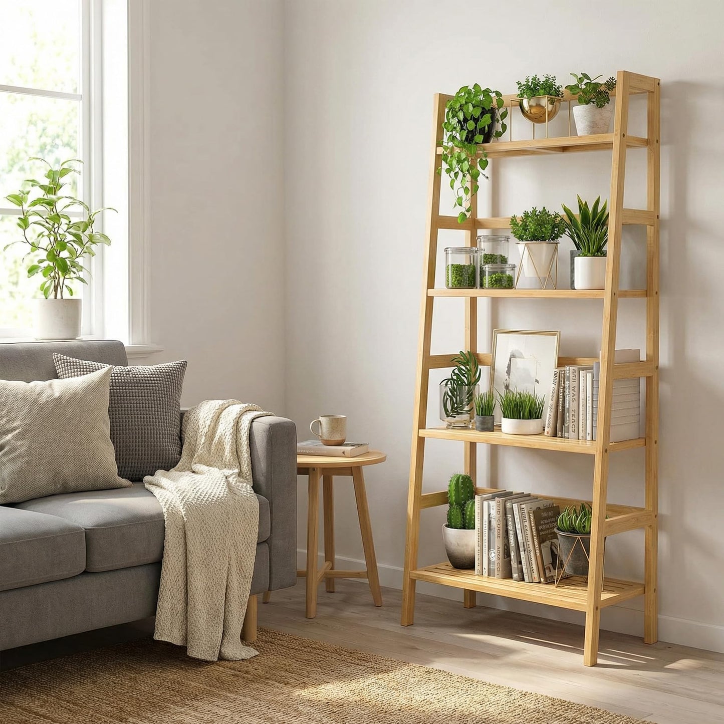 Homykic Ladder Shelf, 4-Tier Bamboo Ladder Bookshelf Small Bookcase, 49” Tall Open Display Shelves Wood Plant Stand Storage Rack for Living Room, Bathroom, Bedroom, Home Office