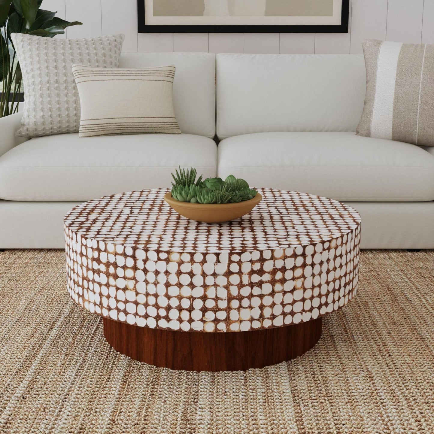 East at Main Round Coffee Table – White Boho Cocktail Table with Coconut Shell Inlay, 34.75" Coastal Accent Table for Living Room, Pedestal Wood Base, Handmade Furniture