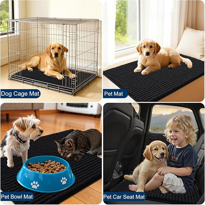 OLANLY Dog Door Mat for Muddy Paws 48x30, Ultra Absorbent Chenille Mud Doormat, Non-Slip Washable and Dirt Trapping Doormat for Indoor Entryway, Quick-Dry Indoor Pet Bed Mats for Dogs, Black