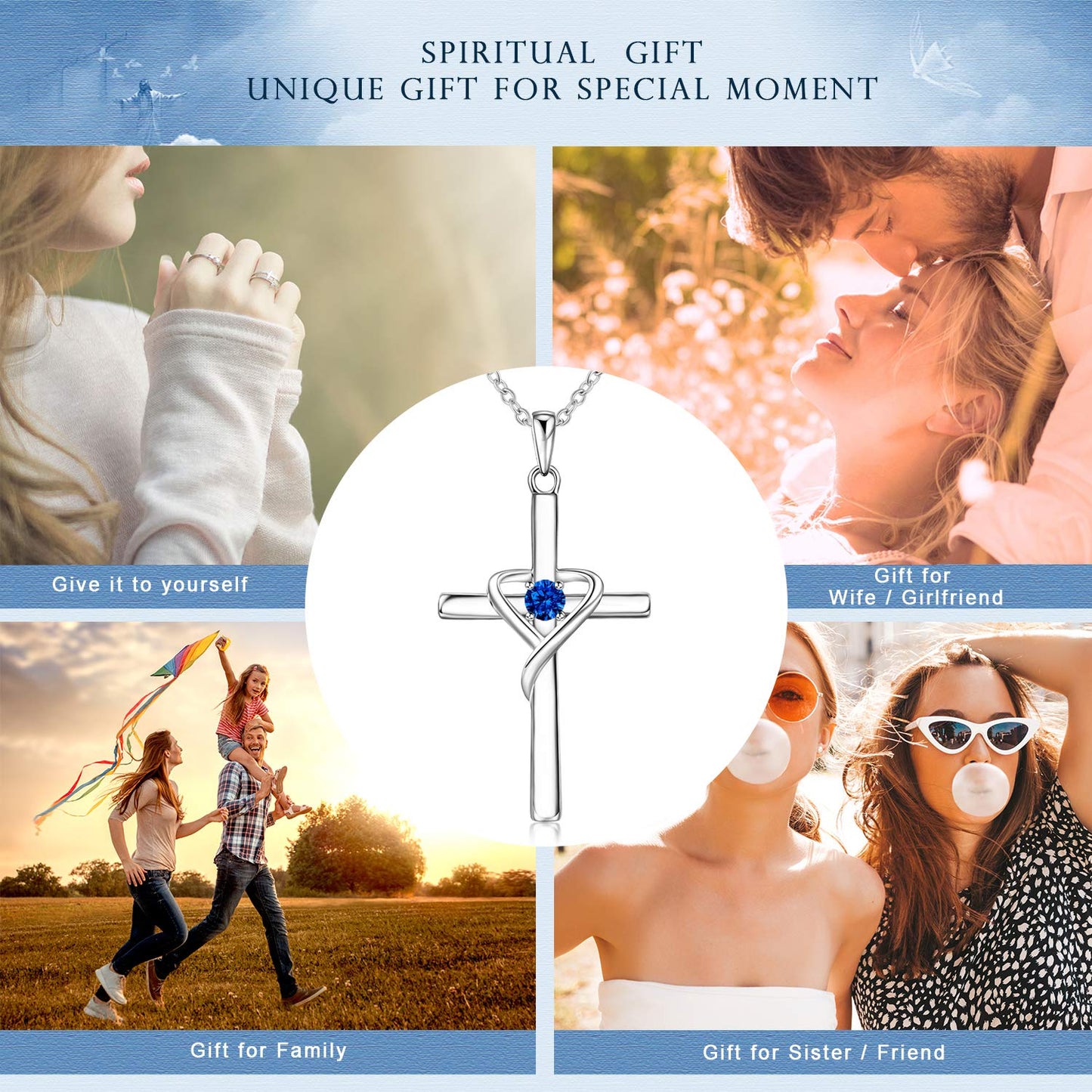 AmorAime 925 Sterling Silver Cross Necklace for Women Men 14K Gold Plated 5A CZ Birthstone Necklaces for Holiday (I.Dark Blue-September-Sapphire)