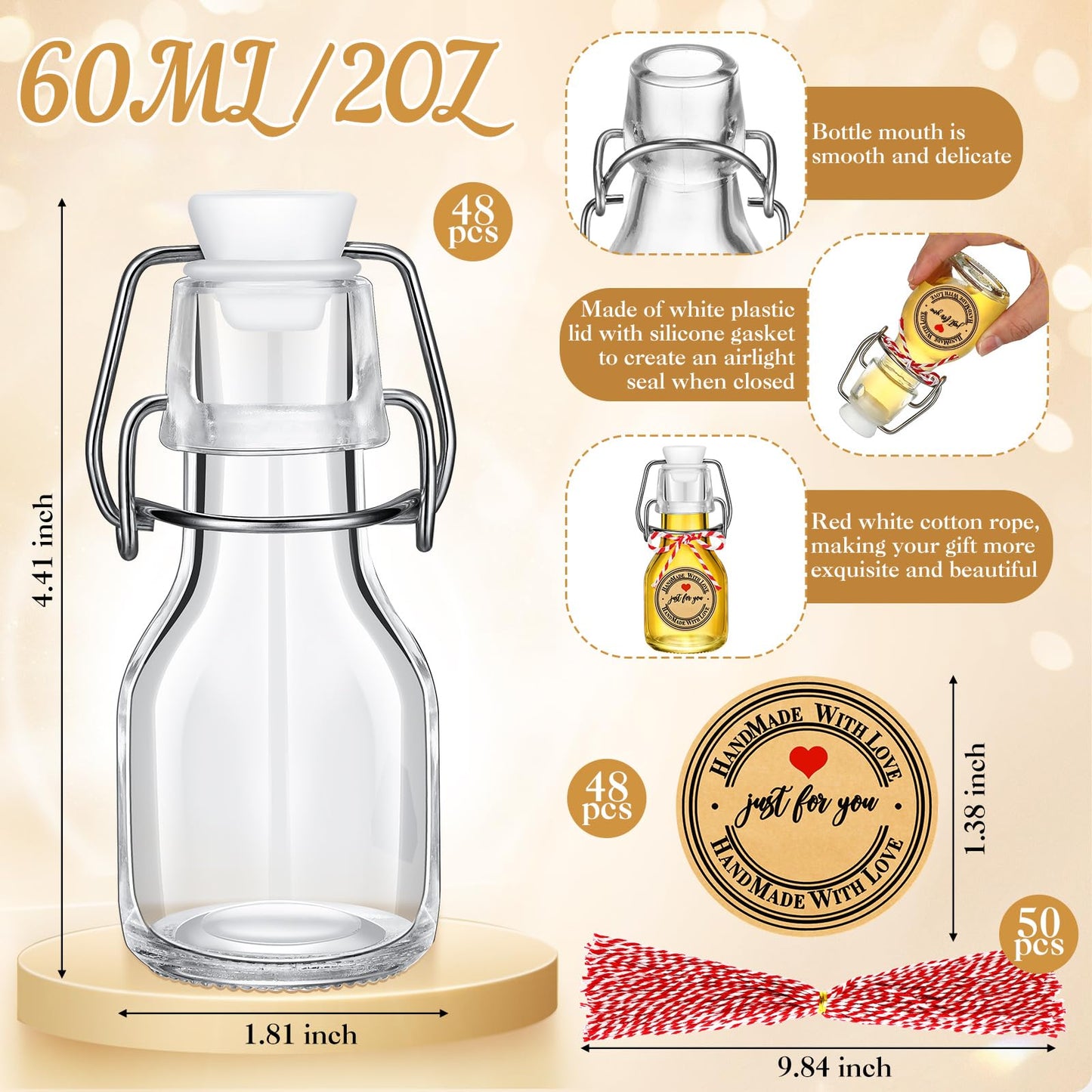 FoldTier 48 Pcs Mini Flip Top Glass Bottle Flip Top for Homemade Vanilla Limoncello Extract Bottles with Caps Stickers for Holiday DIY Crafts Wedding Baby Shower Favors(2 oz)