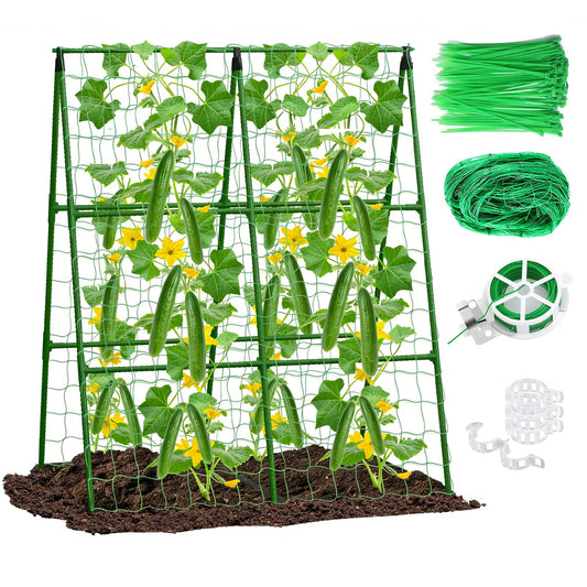 2-Pack A-Frame Cucumber Trellis for Raised Bed - 33"x47" Foldable Garden Trellis with Net & Clips|Space-Saving Metal Plant Support for Cucumber, Tomato, Peas|Rust-Proof Outdoor Climbing Plants Trellis