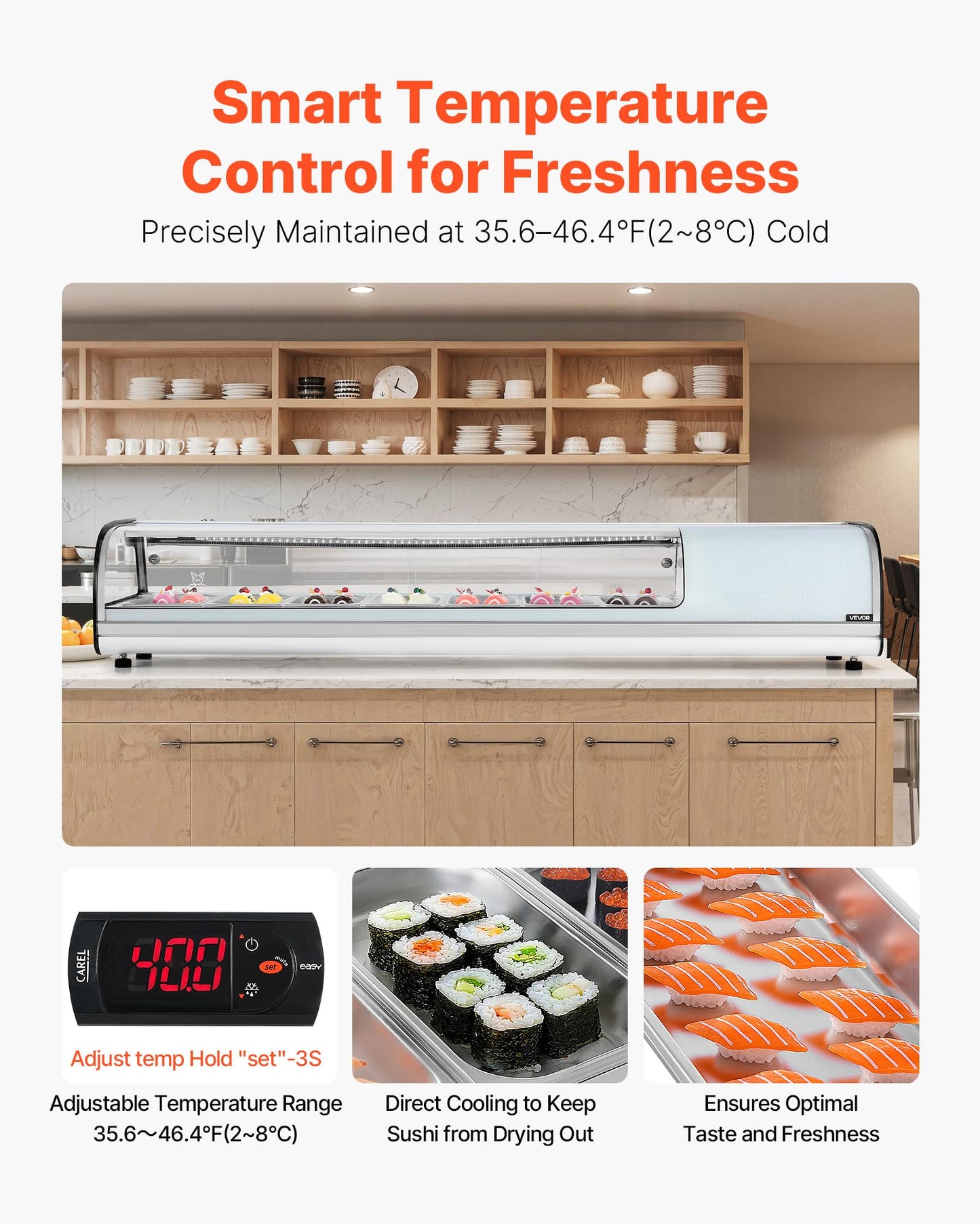 VEVOR Sushi Display Case Refrigerator, 2.5 Cu.ft Commercial Sushi Case, 7-Pan Countertop Showcase with Curved Glass, LED Lighting, and Digital Temperature Control, for Sushi-Bar, Restaurant, Store