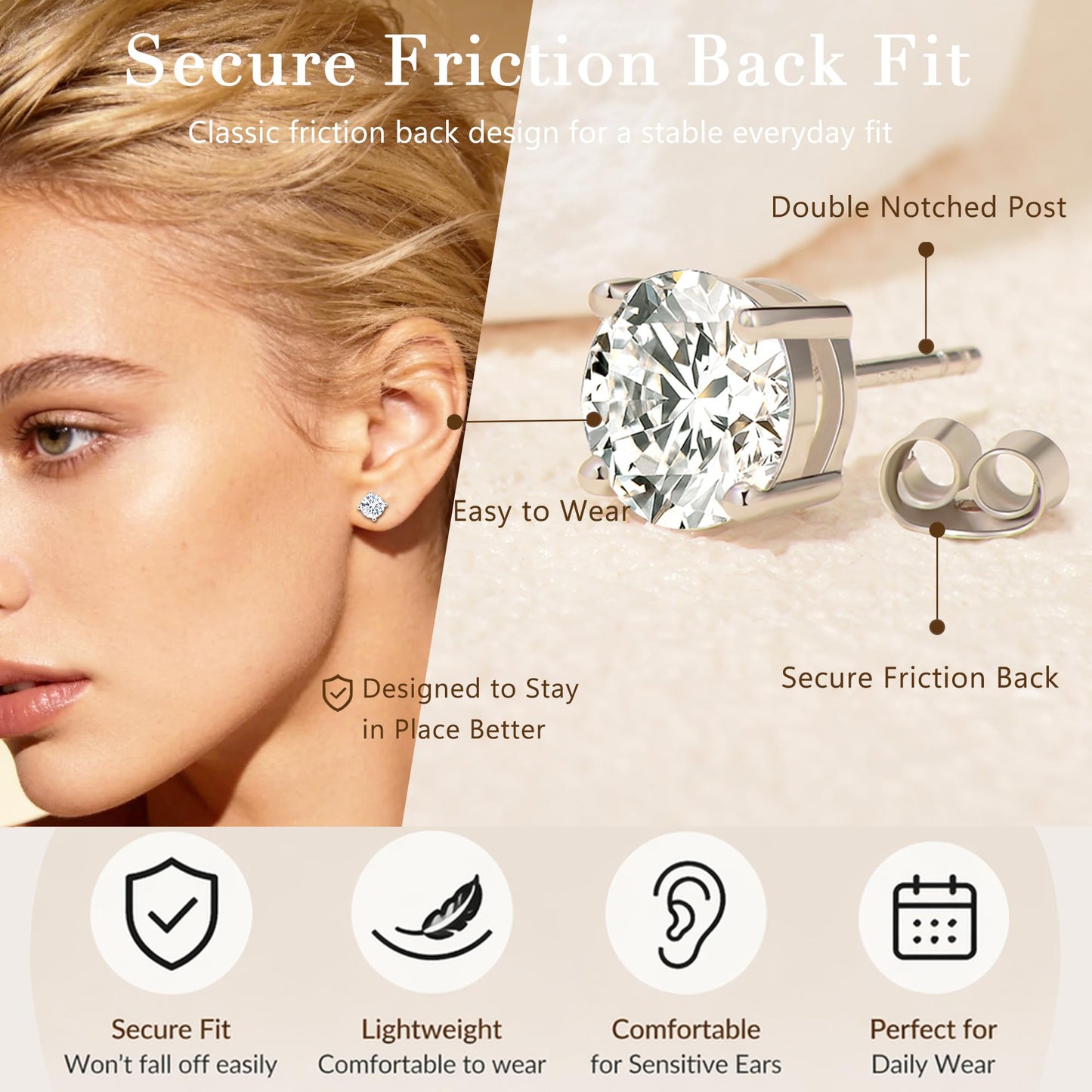 Impalsory Moissanite Stud Earrings 0.3CT 4mm for Women Men, 925 Sterling Silver Hypoallergenic Earrings, 18K White Gold Plated, Secure Friction Back, Brilliant Round Cut D Color VVS1