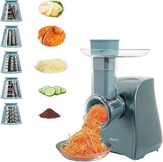 Electric Cheese Grater, Cheese Grater Electric, One-Touch Control Electric Grater Machine for Vegetable, Fruits, Potato, Electric Cheese Shredder, Salad Maker with 5 Free Attachments, Green, ASLATT