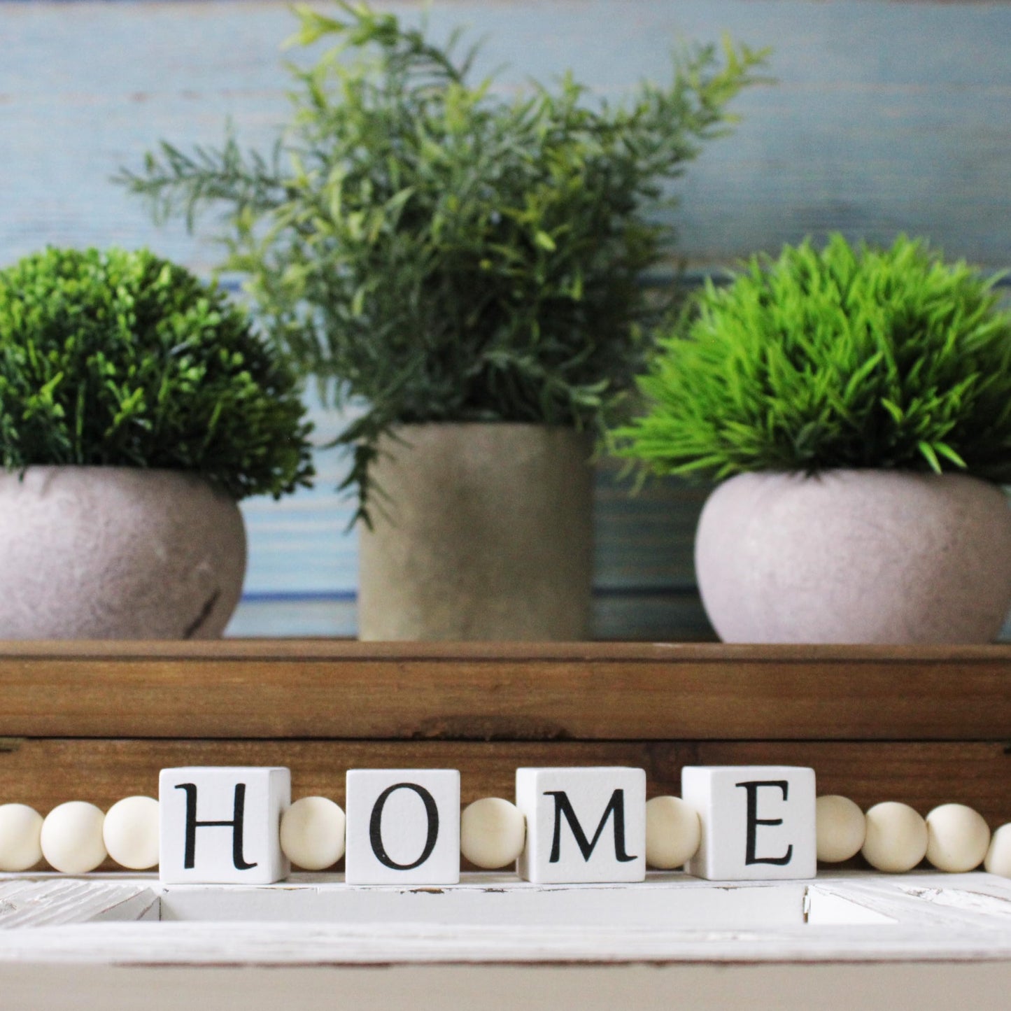 Home Letter Block Wood Bead with Tassels Farmhouse Home Decor, Boho Wooden Beads Modern Style Decoration New Home Housewarming Gifts for Living Room Tabletop Tiered Tray Mantel Shelf, 20''