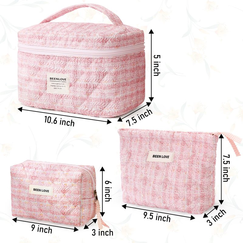 Large Makeup Bag Floral Cosmetic Bag Quilted Flower Travel Makeup Toiletry Bags Set Organizer Cotton Cute Make Up Accessories Zipper Bags Pouch Travel Essentials Gifts for Women Teen Girls Pink