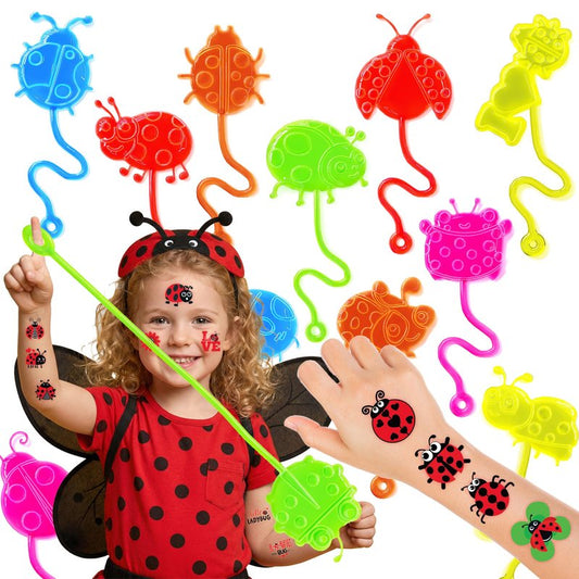 48PCS Ladybug Party Favors - 24PCS Temporary Tattoos & 24PCS Stick Hands Party - Perfect Birthday Party Supplies, Goodie Bag Stuffers, Treasure Box Toys, Classroom Prizes, and Student Gifts