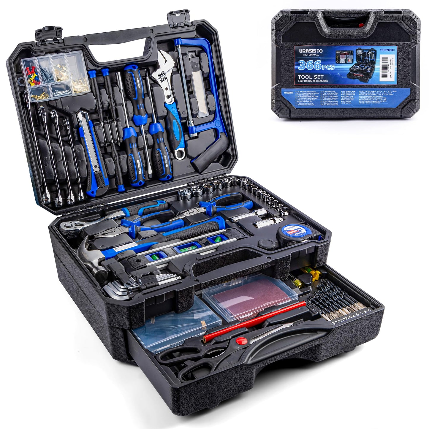 URASISTO 366 Piece Home Repair Tool Kit, Auto Repair Tool Set, General Home Toolbox Storage Case with Drawer, General Household Tool Kit