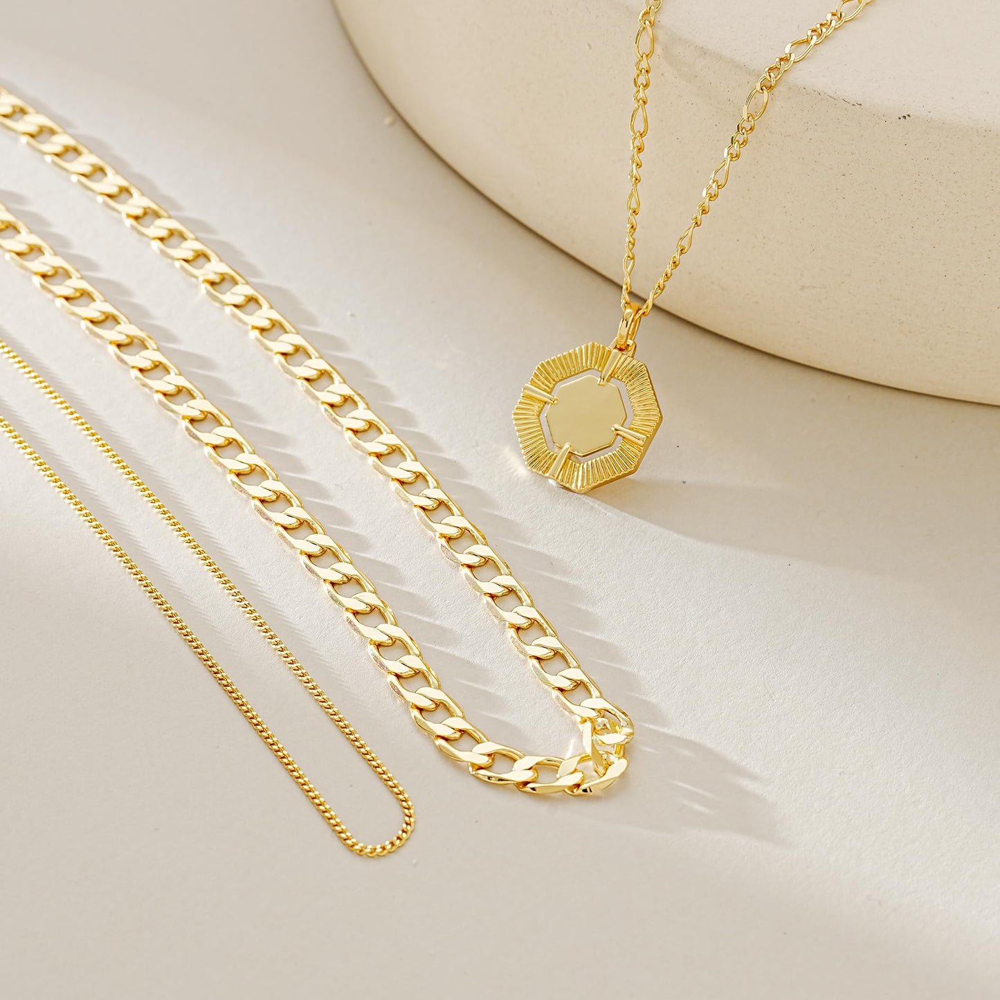 YOIHUR Layered Gold Necklaces for Women,14K Gold Plated Cuban Chain Trendy Layering Hexagonal Pendant Choker Necklace Set Jewelry for Women