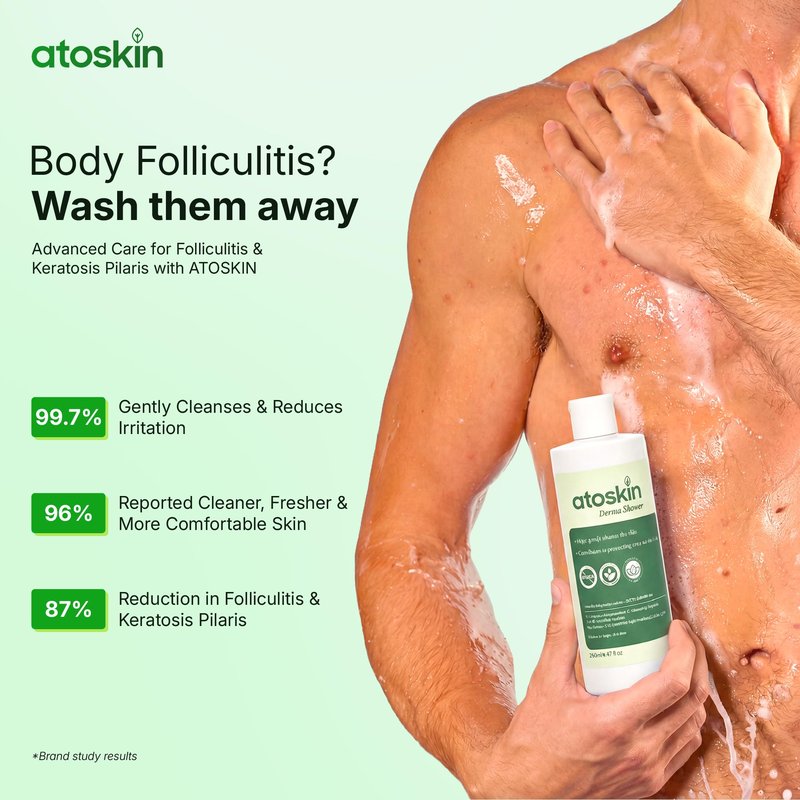 Atoskin Derma Shower – Advanced Folliculitis Body Wash with Rosemary & Ricobio JA7 Herbal Extracts, Reduce Back Acne & Keratosis Pilaris, Gentle Formula for Sensitive Skin (9.47 oz)